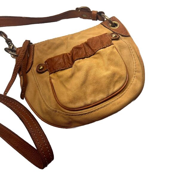 Fossil Crossbody Bag Vintage Tan Brown Camel Leather Canvas Adjustable Purse - Picture 2 of 8